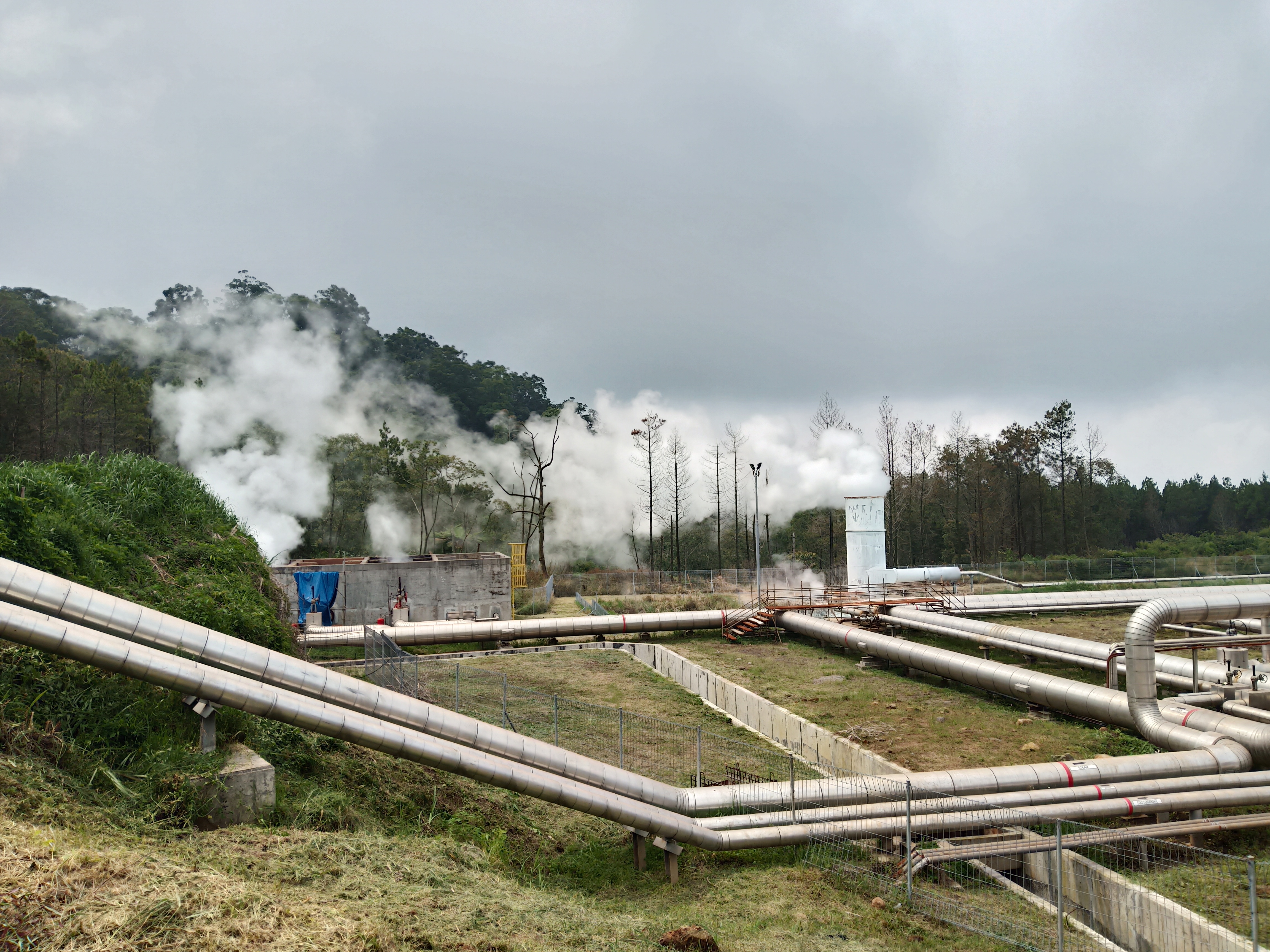 Tuyauteries et installations d’une centrale géothermique en Indonésie, dans un environnement forestier.